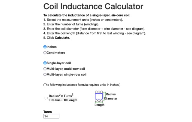 Snapshot of Online Coil Inductance Calculator showing the key part of the resource