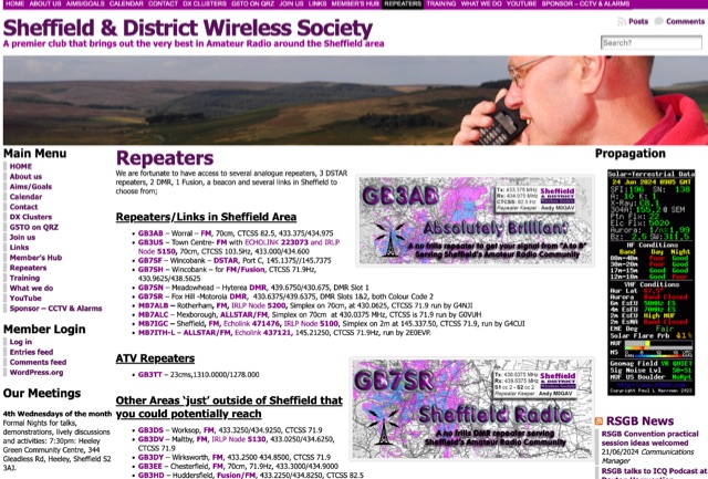 Snapshot of Repeaters in Sheffield Area UK showing the key part of the resource