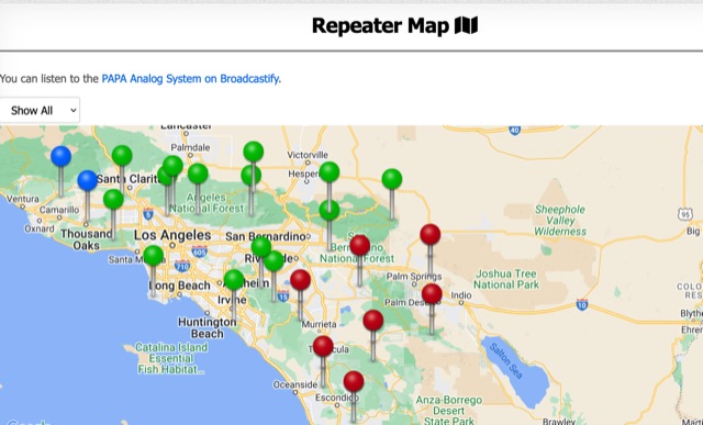 Snapshot of PAPA Repeaters Map - Californa showing the key part of the resource