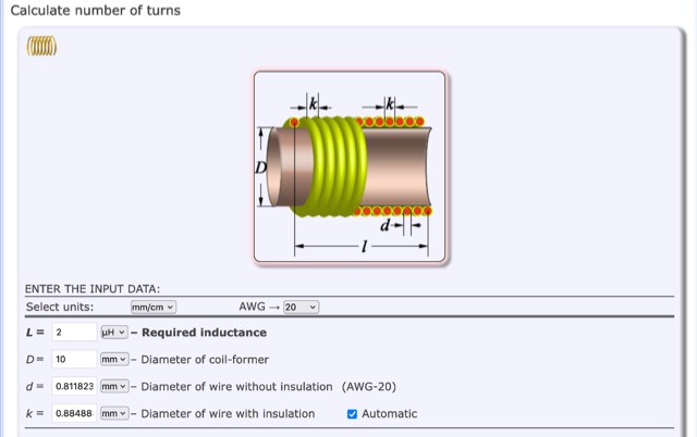 Snapshot of Coil64 Inductance Coil Calculator showing the key part of the resource