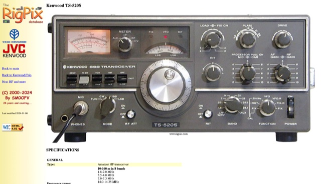 Snapshot of Kenwood TS-520S at RigPix showing the key part of the resource