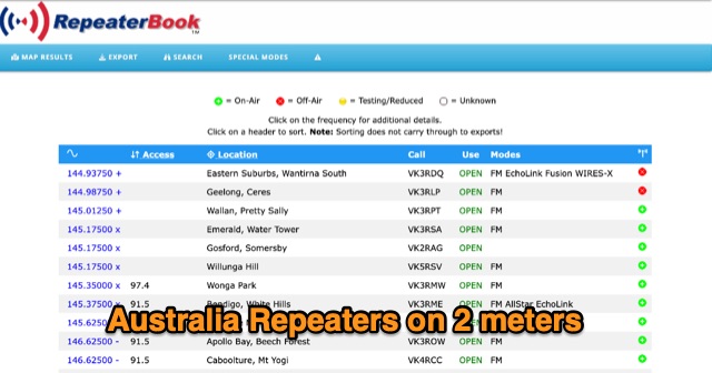 Snapshot of Australia Repeaters on 2 meters band showing the key part of the resource